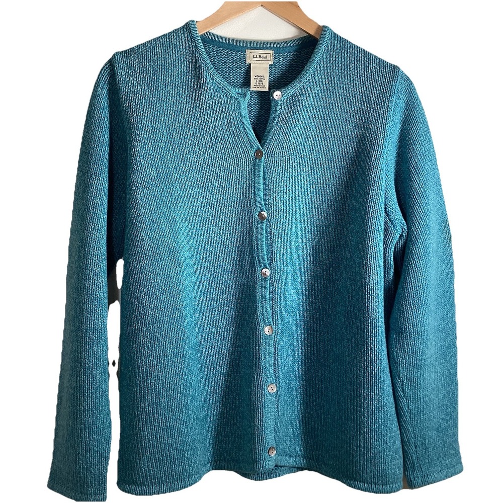 LL Bean Women's Chunky Knit Cardigan Large Aqua Blue Beach Coastal Classic